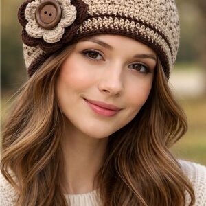 Elegant Brown & Cream Crochet Beanie
